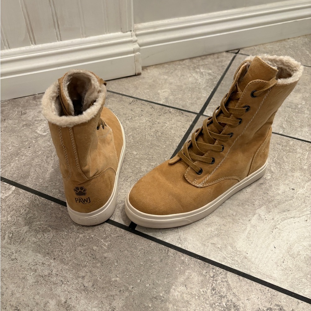 PAWJ Tan Suede Lace-Up Shearling Sneakers